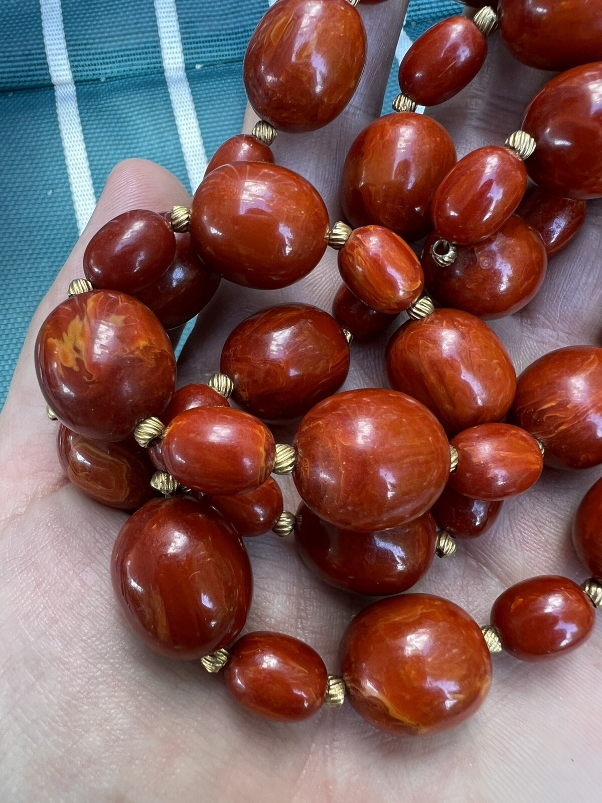 Vintage Bakelite Red Oval Swirl Bead Necklace 83.5 Grams 28.5″