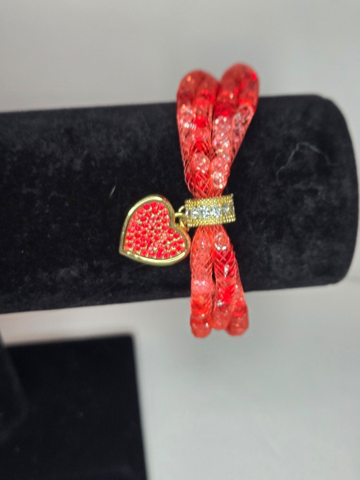 Red Mesh Bracelet with Red Rhinestone Heart Charm Gold Tone Clasp