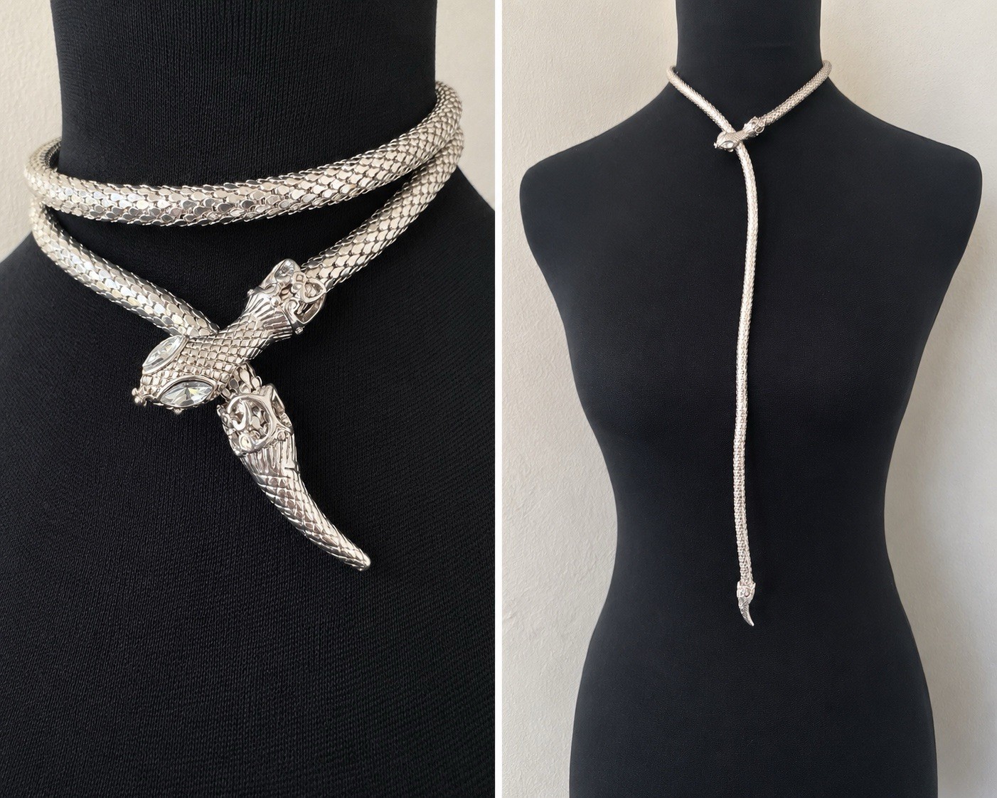 Vintage Silver Chainmail Mesh Serpent Snake Belt Necklace Adjustable Lariat 30”