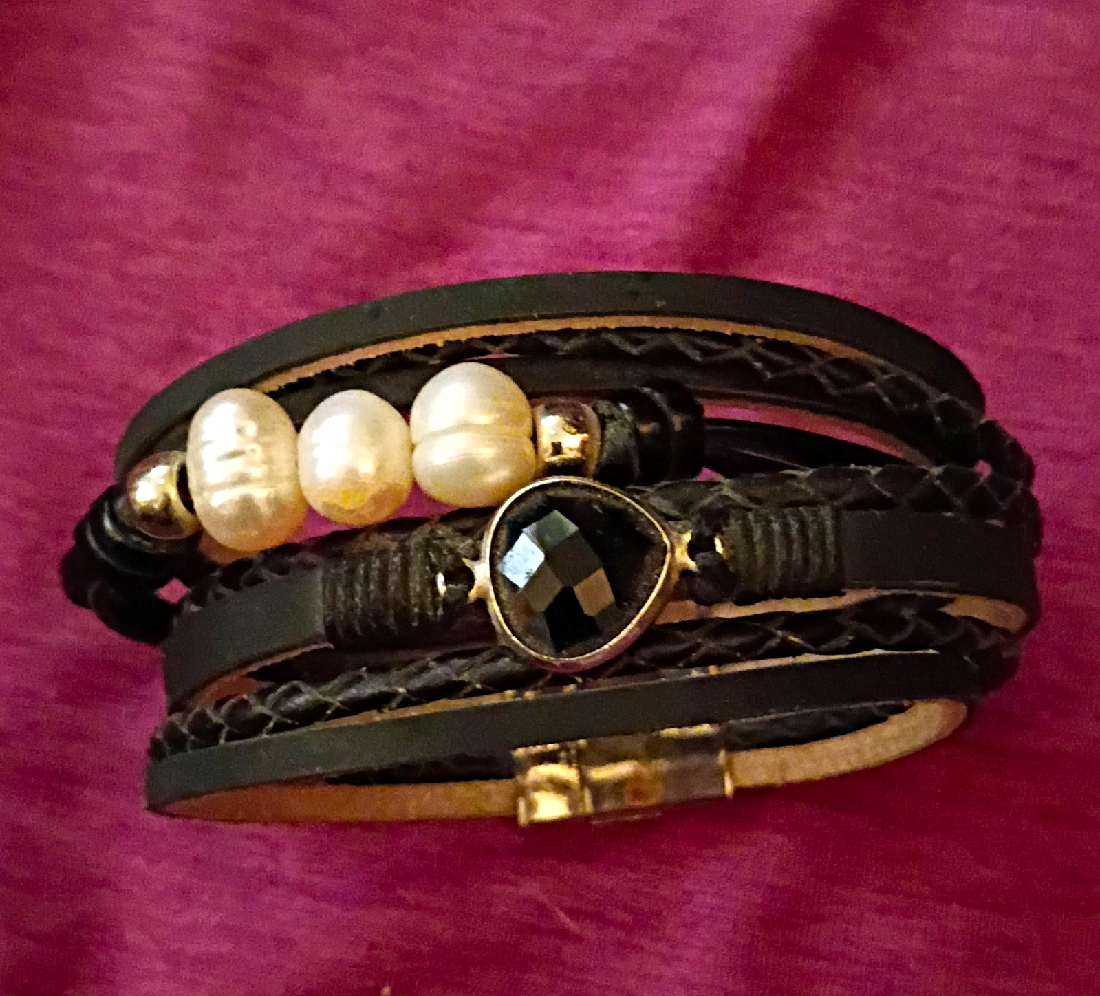 Black Leather Braided Wrap Bracelet, White Pearl Beaded, Magnetic Clasp