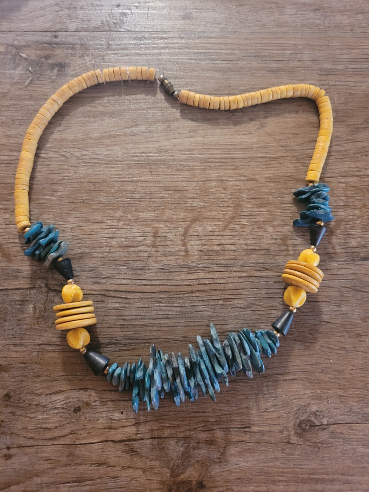 Wooden Heshi Bead Necklace Wood Chip Barrel Clasp Vintage Tribal Jewelry Boho