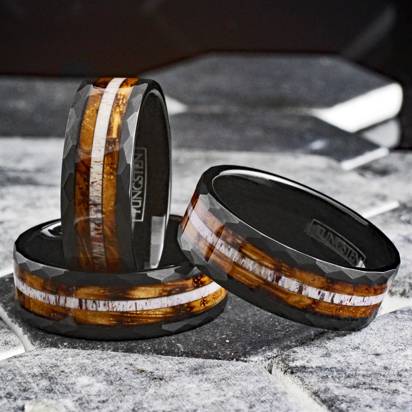 Black Tungsten Carbide Mens Ring Deer Antler Charred Whiskey Barrel Wedding Band