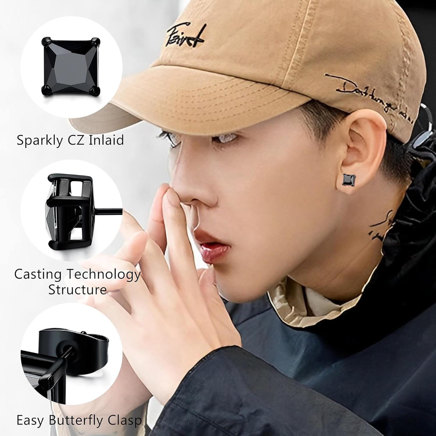 2Pairs Hypoallergenic Black Stud Earrings for Men Women 316L Stainless Steel Squ