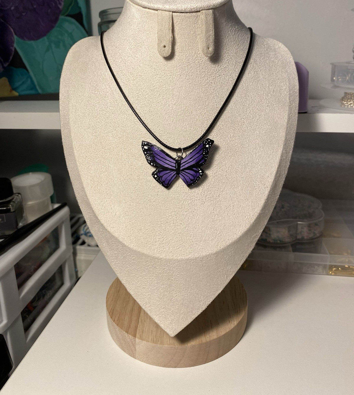 Purple Enamel Butterfly Charm Pendant Necklace on Black Cord Animals & Insects