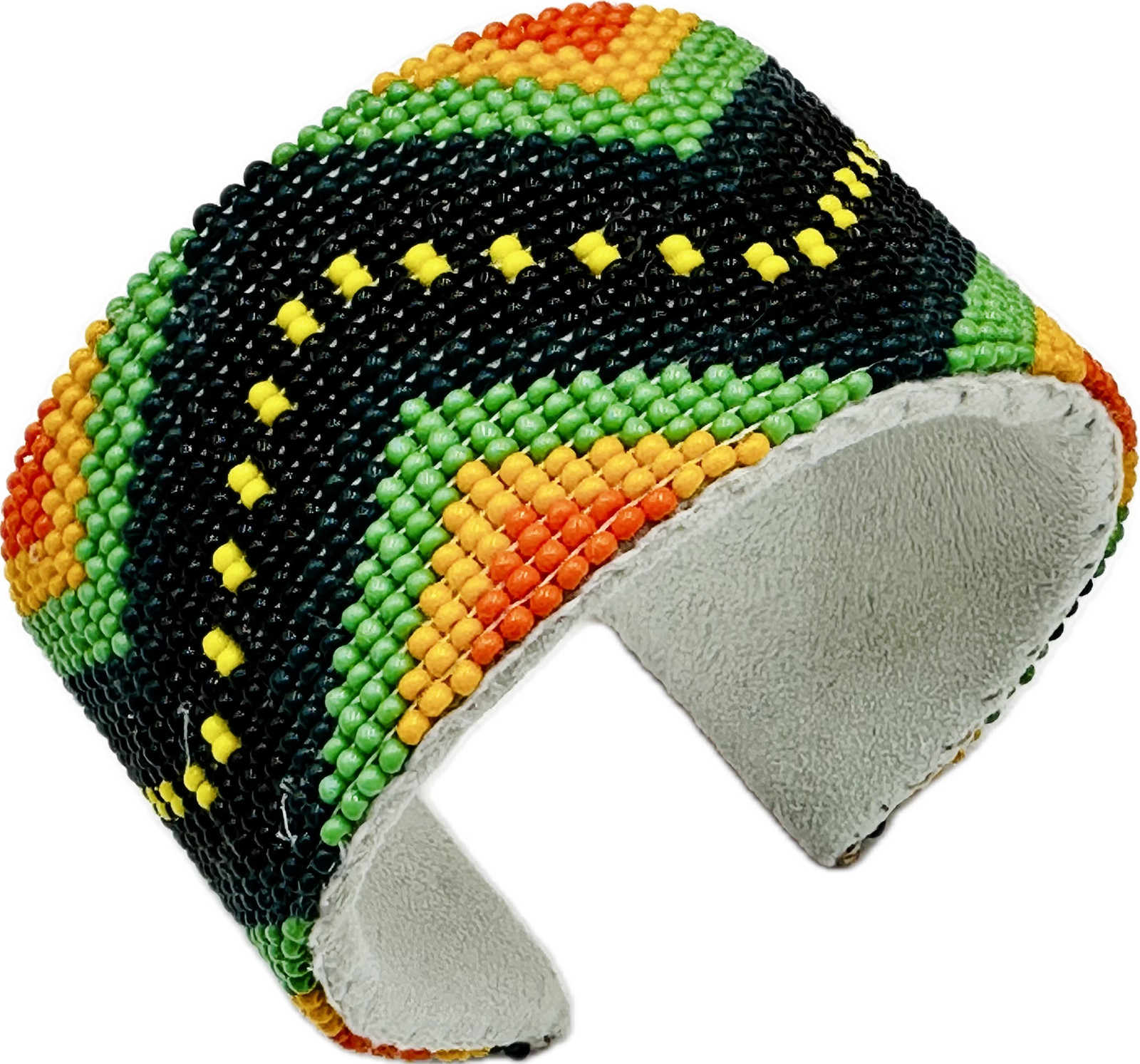 Handmade Beaded Green Orange leather hard cuff Bracelet