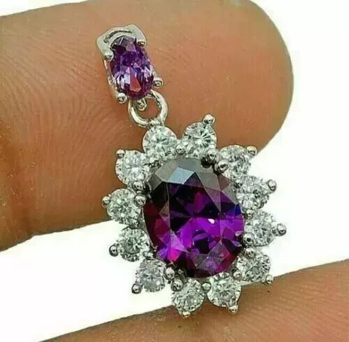 3.00Ct Oval Cut Amethyst Flower Pendant 14K White Gold Finish