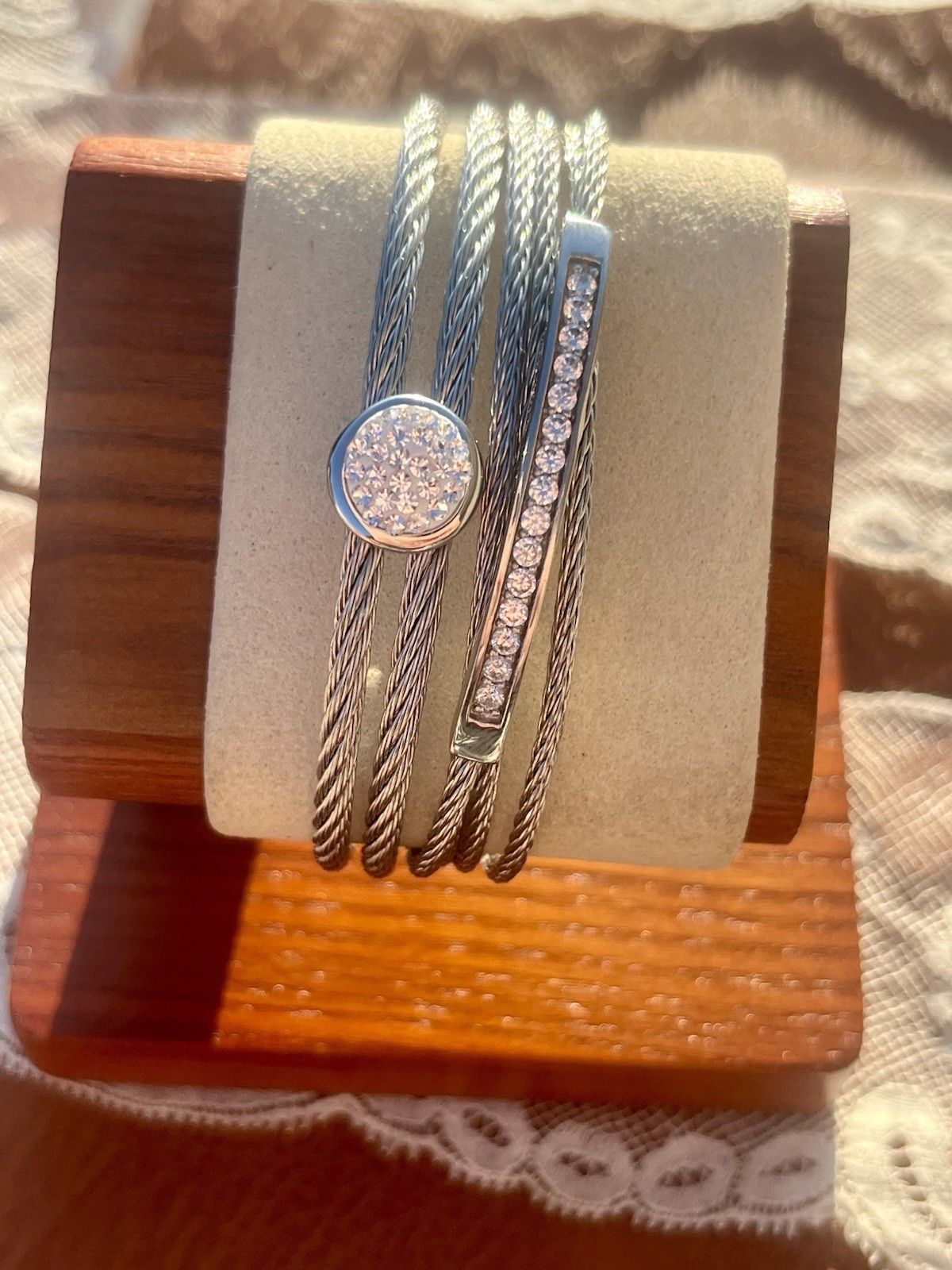 2 Stainless Sliver Mesh Cubic Zirconia Stackable Cuff Bracelet 6.25