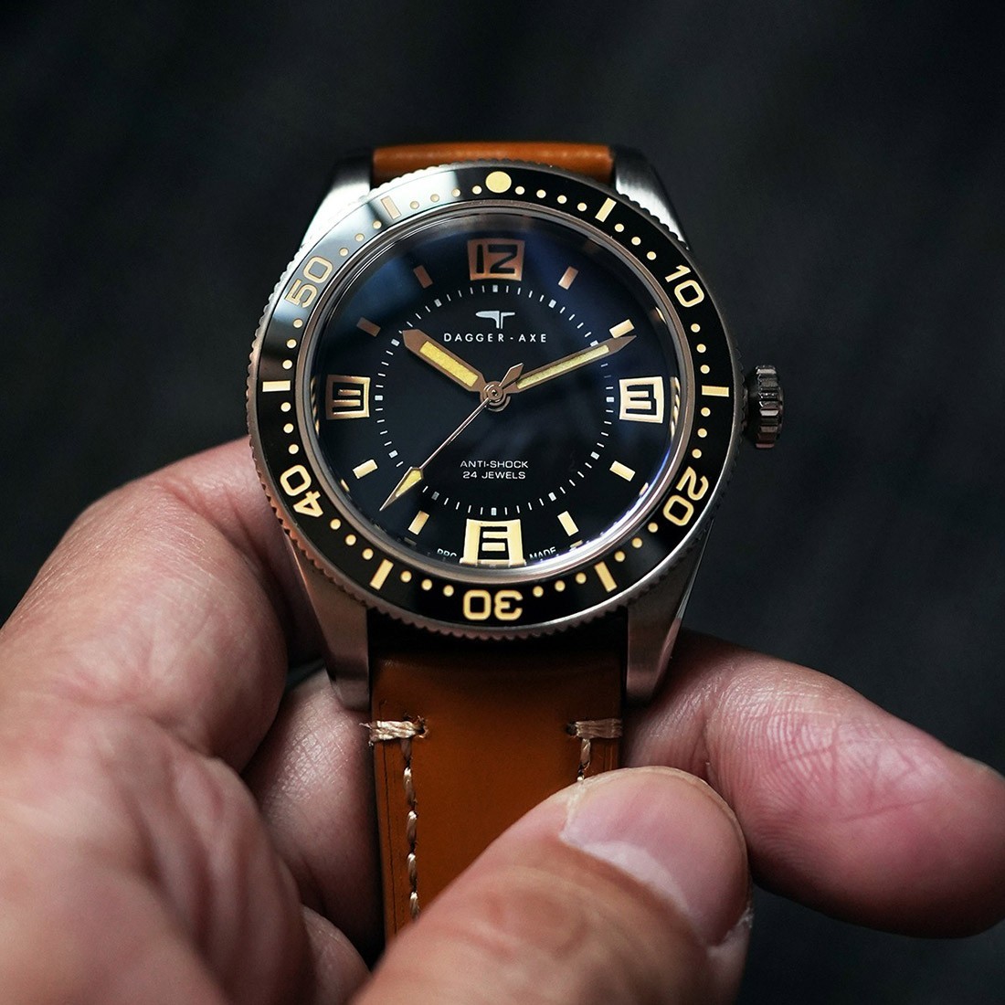 Dagger Axe Oceanic Automatic Steel Black Brown Leather Diver Men’s Watch