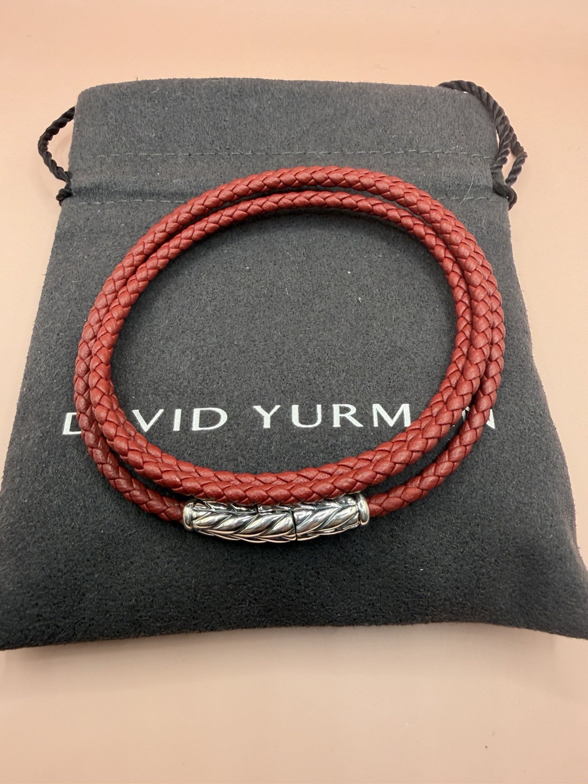 David Yurman Sterling Silver Leather Chevron Triple Red Wrap Bracelet Medium