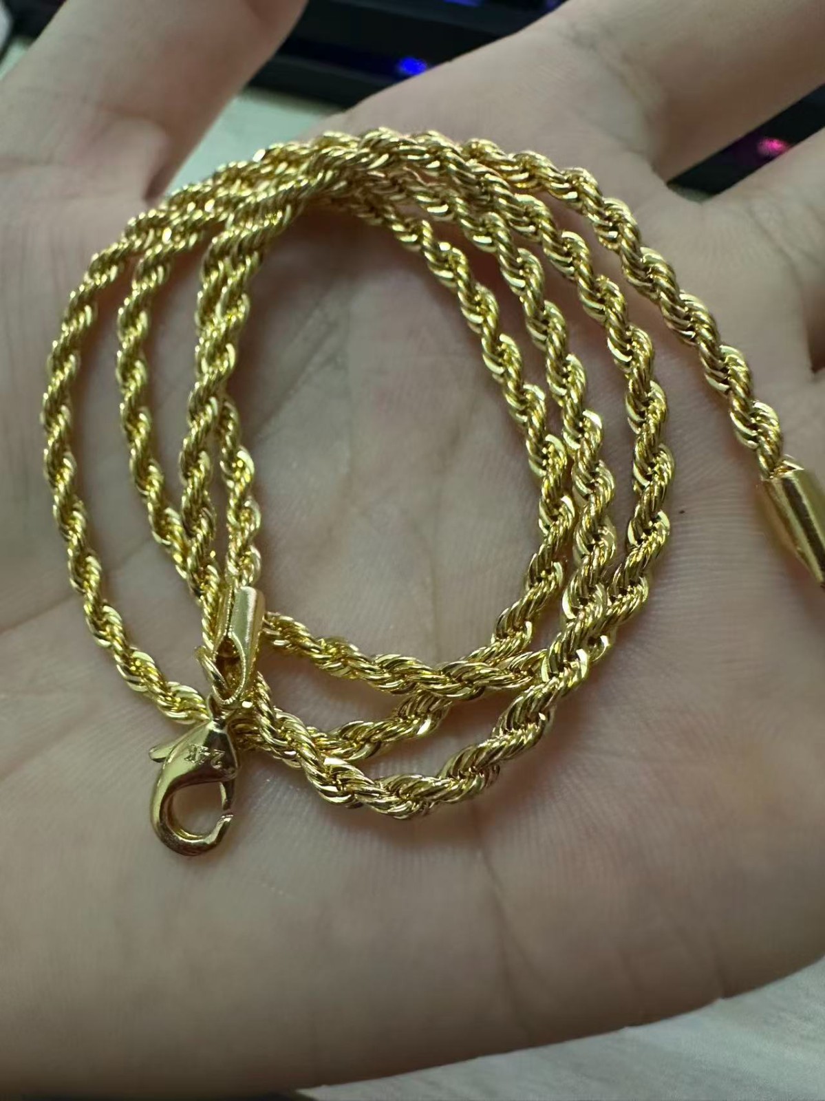 24K Solid Yellow Gold 3mm Rope Chain Necklace 20″ Twisted Chain Lobster Clasp
