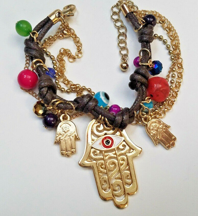 GIRLY Good Luck Protection BIG HAMSA HAND EVIL EYE BEADS CHARM FASHION BRACELET