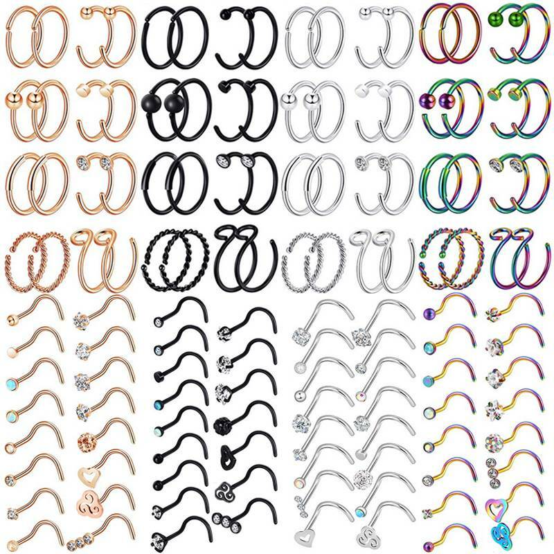 32PCS 20G Surgical Steel CZ Screw Shaped Studs Nose Hoop Ring Ear Lip Piercing