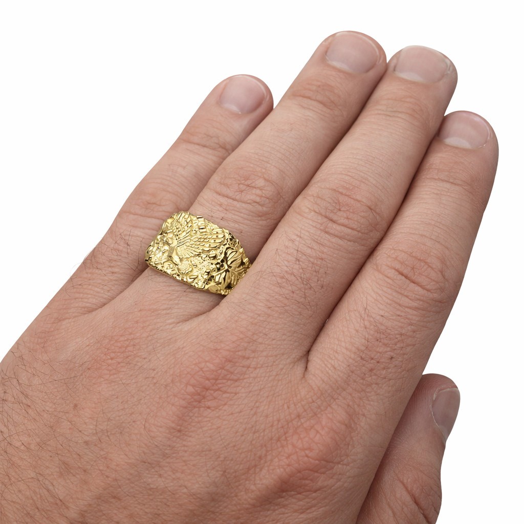 Solid 14K Yellow Gold Large Eagle Leaf Mens Nugget Ring, Size 5 – 15