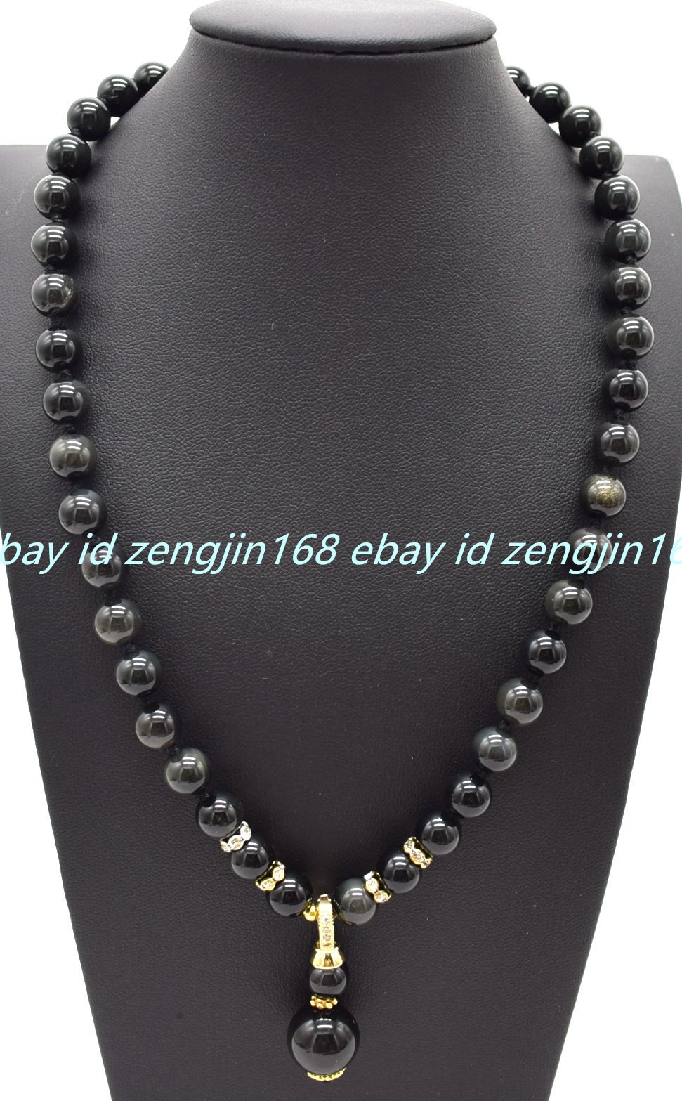 Natural 8/10mm Black Obsidian Gemstone Round Beads Pendant Necklace 16-28in