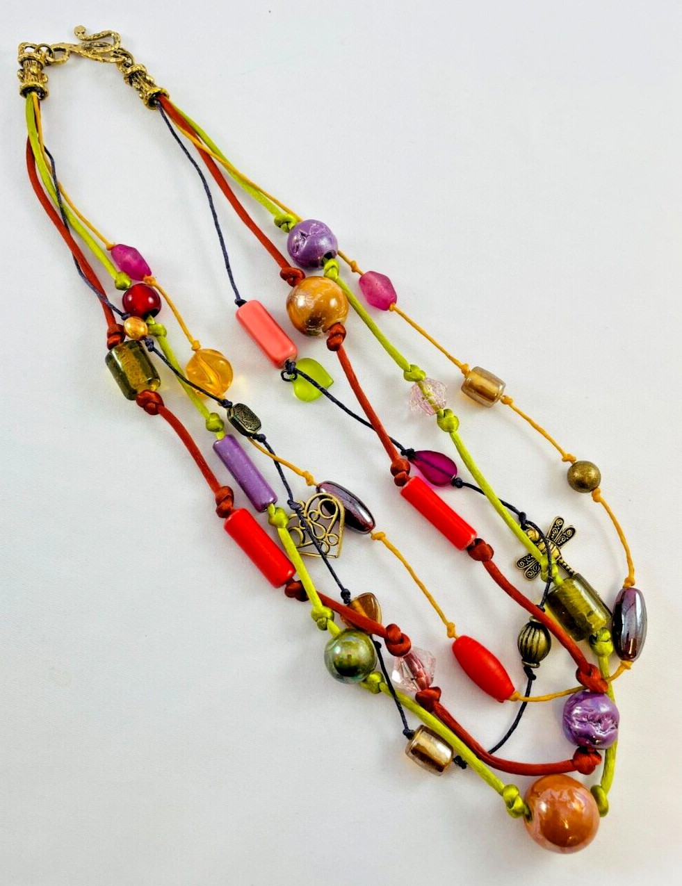 Multi Strand Beaded Charm Necklace Silk Cord Hammered Gold Tone Hook Clasp