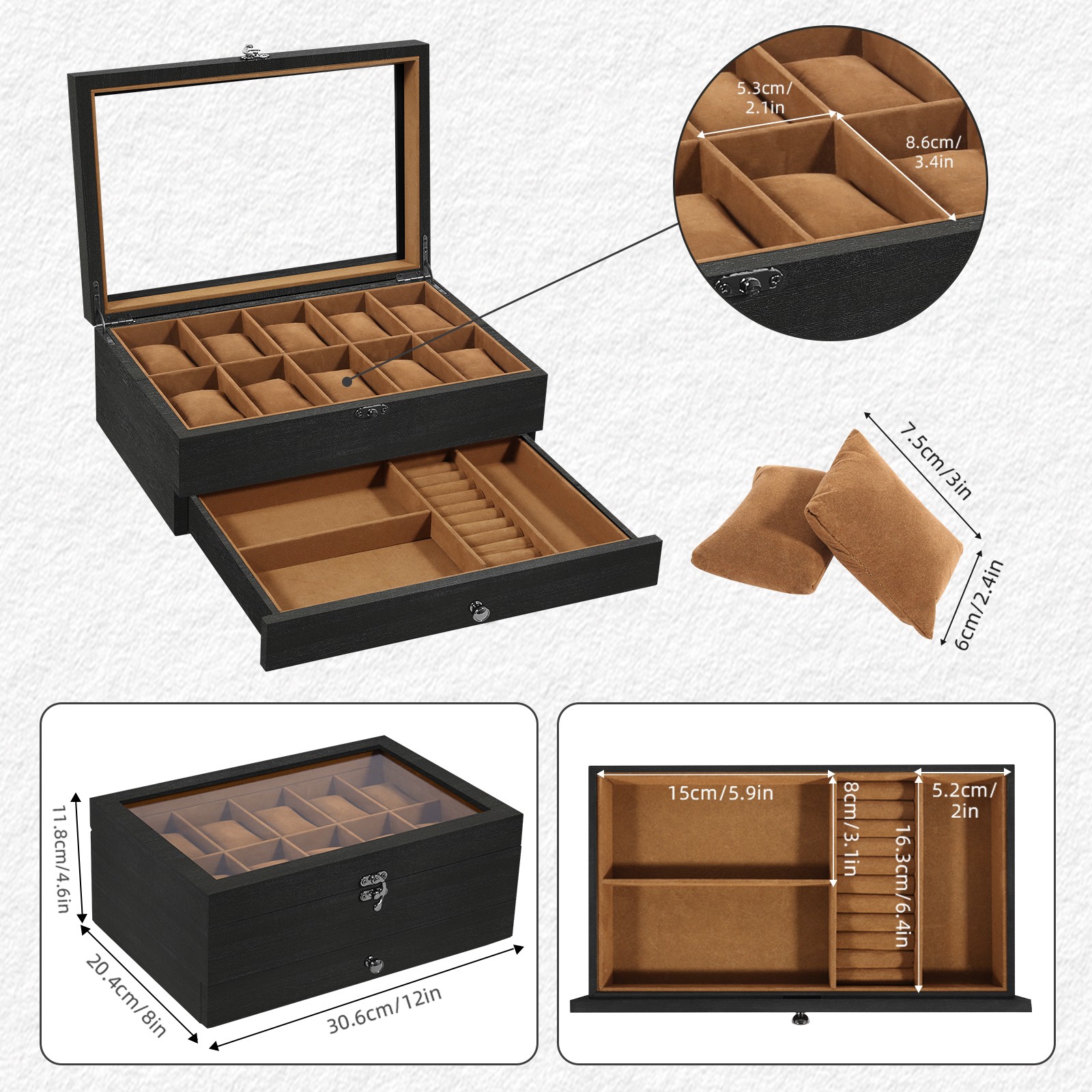 6-8-10-12 Slot Watch Box Solid Wood Watch Display Case Glass Lid Watch Holder