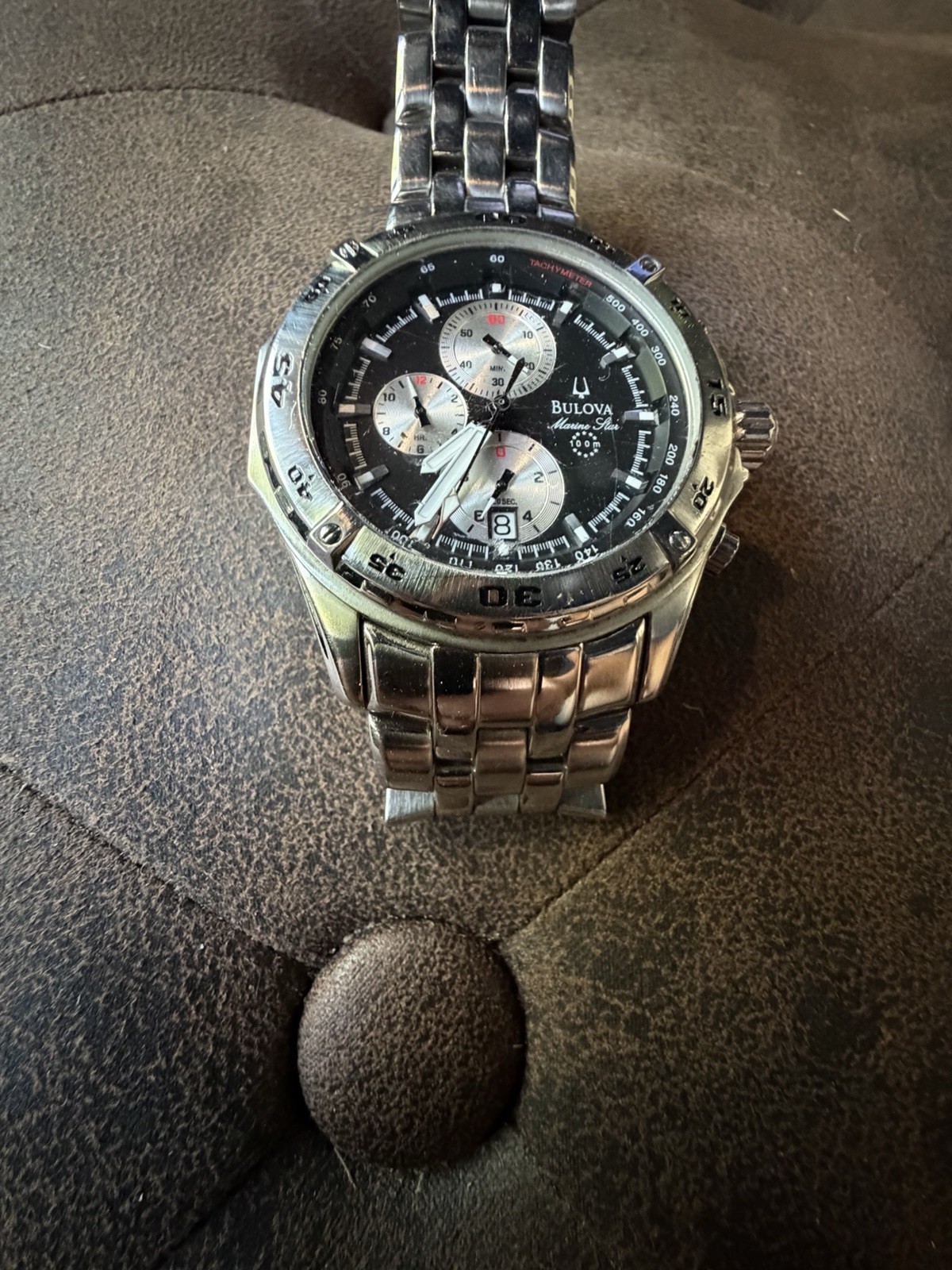 Bulova Marine Star Chronograph Quartz Watch — Black Dial, 100m, Steel, 44-47mm