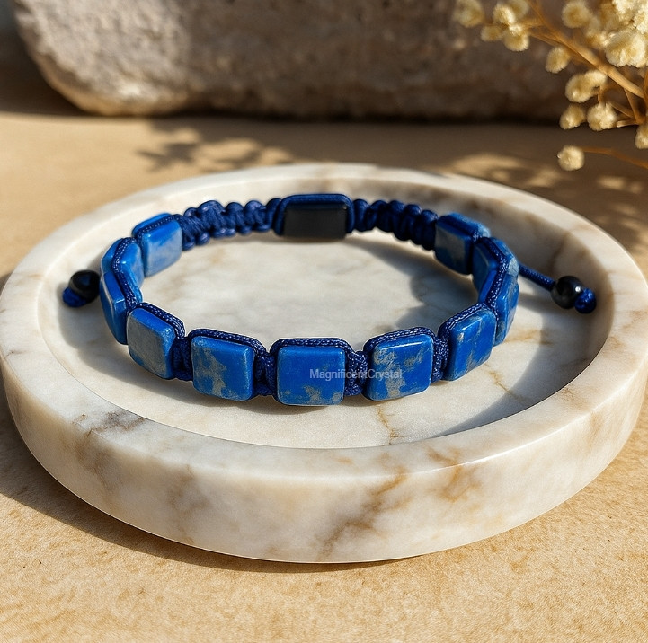 Lapis Lazuli Black Onyx Bracelet Men Square Beads Protection Blue Stone Jewelry