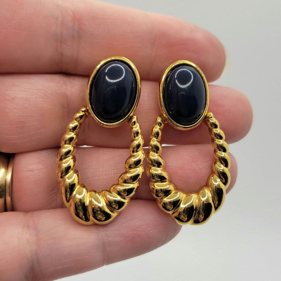Vintage Signed Monet Door Knocker Earrings Oval Navy Blue Cabochon Goldtone 1990