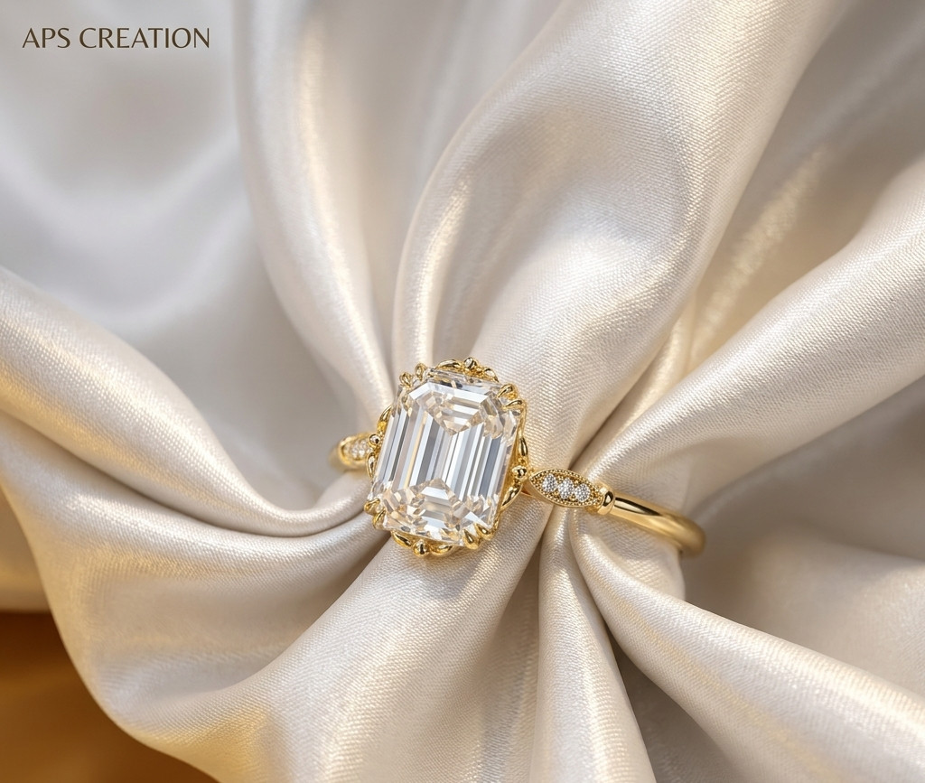 4Ct Asscher Cut Moissanite Engagement Ring 925 Sterling Silver 14K Vermeil