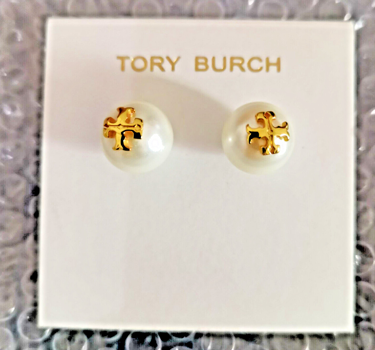 Authentic Tory Burch whiteLogo Stud Earrings Gold