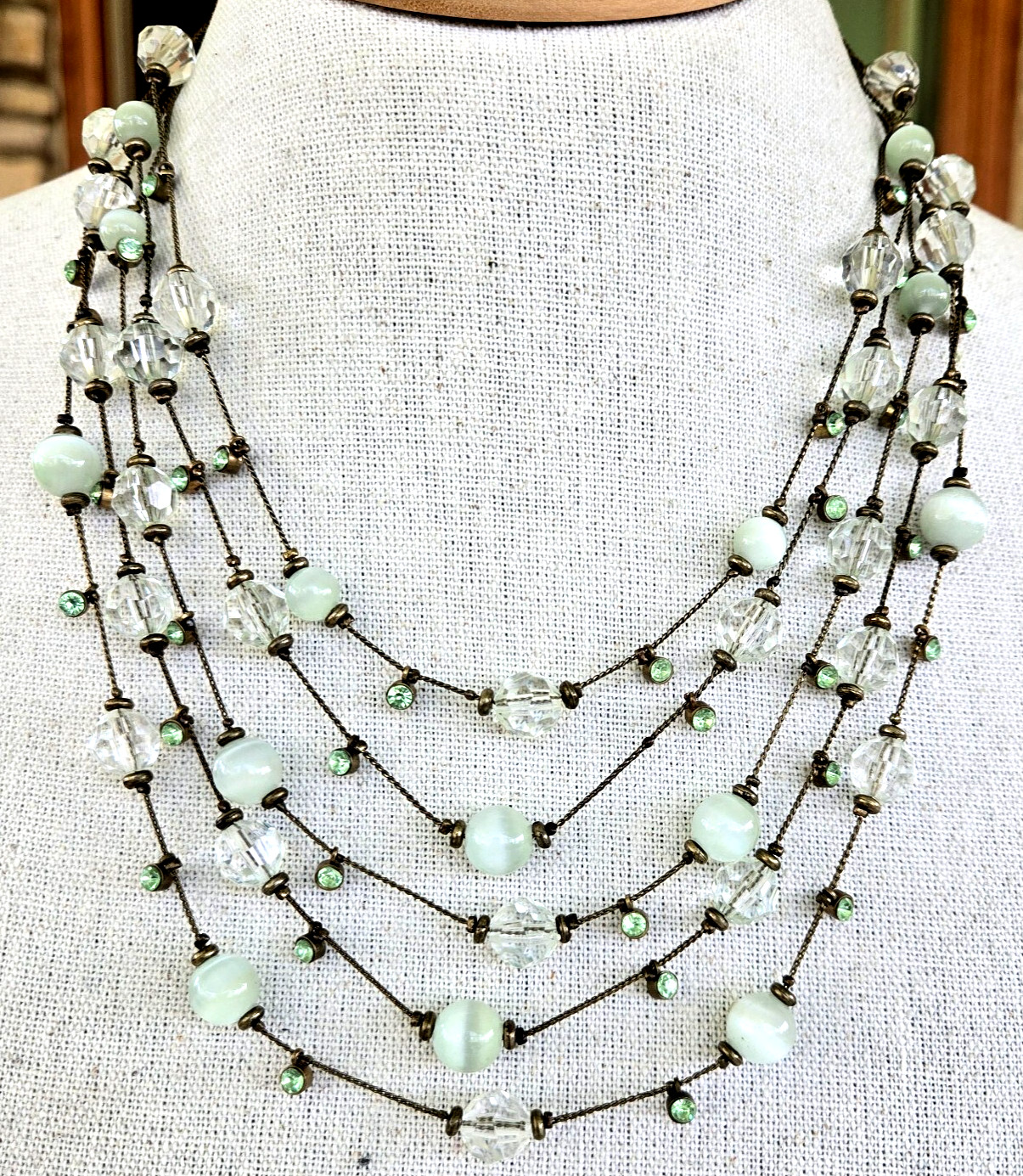 MIXIT Green Cats Eye Glass Acrylic RS 5 Strand Brass Chain Necklace 20-5/8″ ADJ