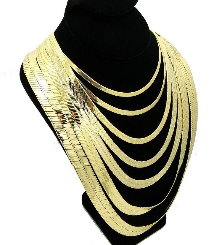 Herringbone Chain Necklace 14k Gold Plated 3mm to 14mm wide 16″ 18″ 20″ 24″ 30″