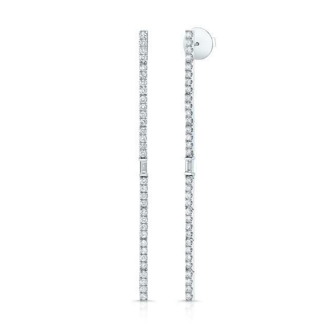 Round Baguette Lab-Created Moissanite Thin Vertical Drop Earring Gold Plated