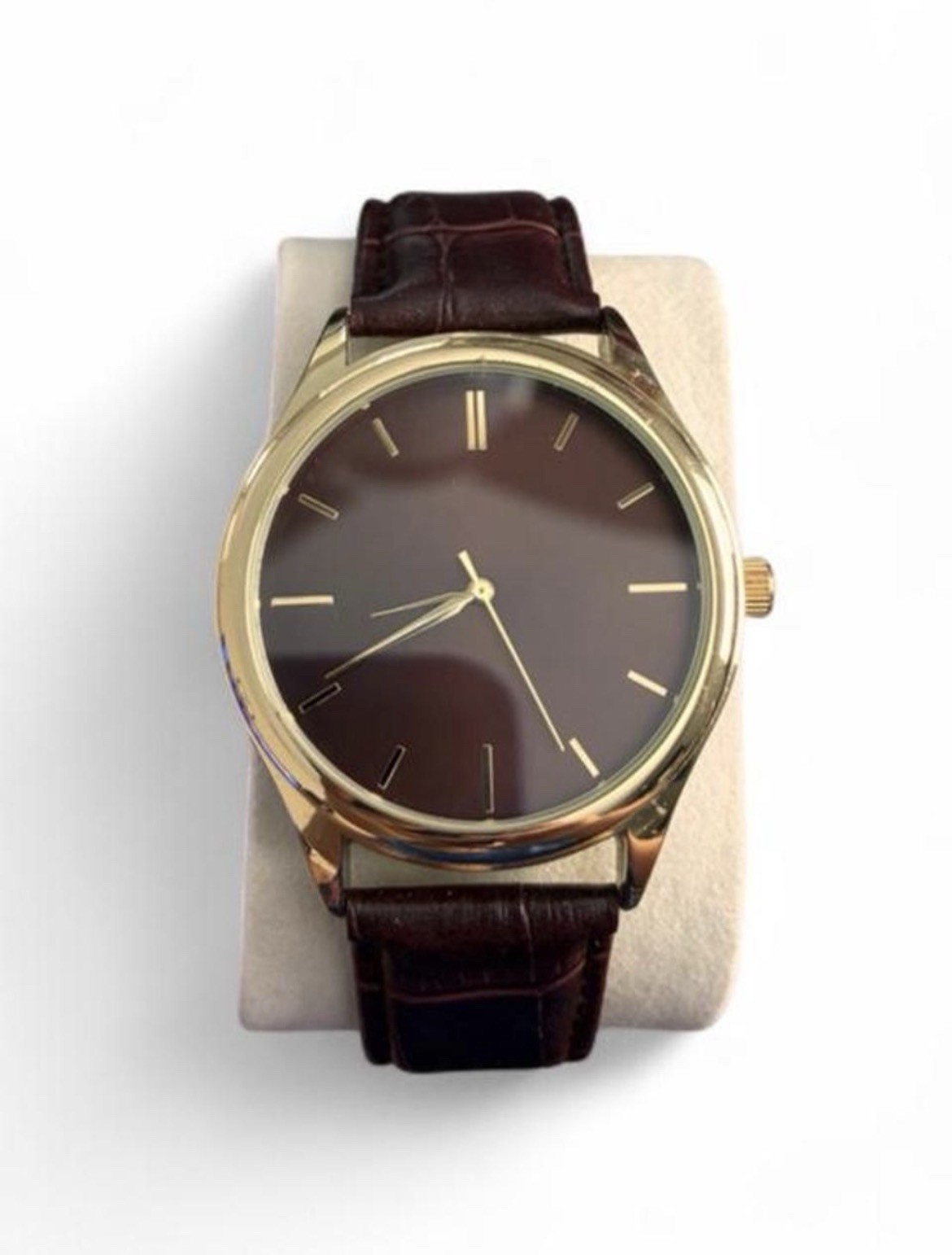 Gold Tone Analog Dress Watch Brown Dial Stick Indexes Brown Leather Strap