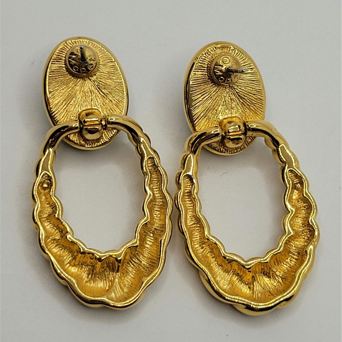 Vintage Signed Monet Door Knocker Earrings Oval Navy Blue Cabochon Goldtone 1990