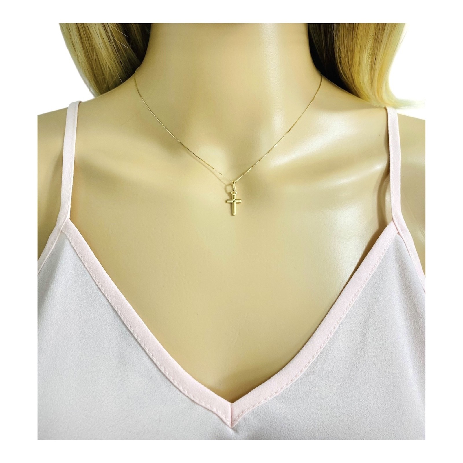 14K Solid Yellow Gold 0.7″ Cross Pendant with 0.5mm Box Chain Necklace – PT142
