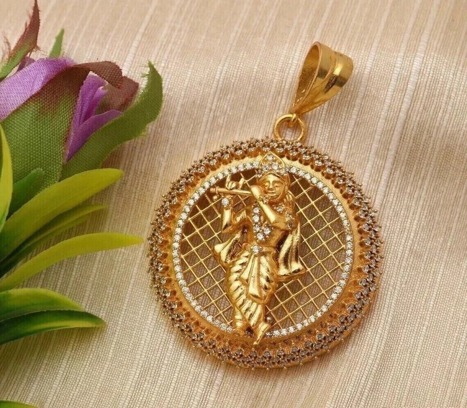 2.50Ct Simulated Round Cut Diamond Lord Krishna Pendant 14K Yellow Gold Plated