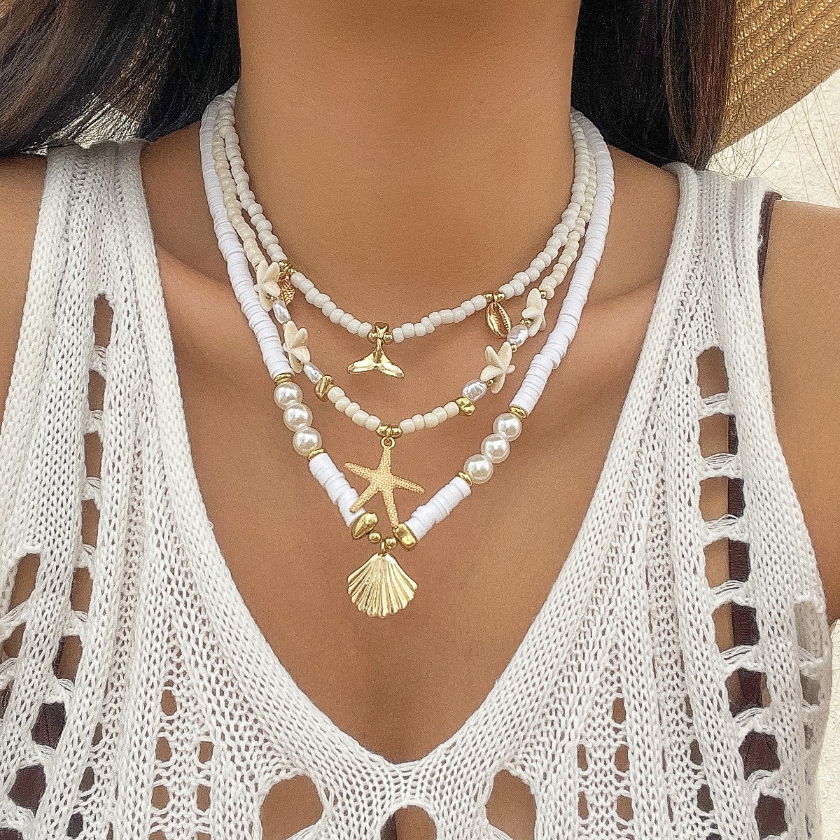 3Pcs/Set Women’s Vintage Soft Ceramic Beaded Ocean-Themed Pendant Necklace