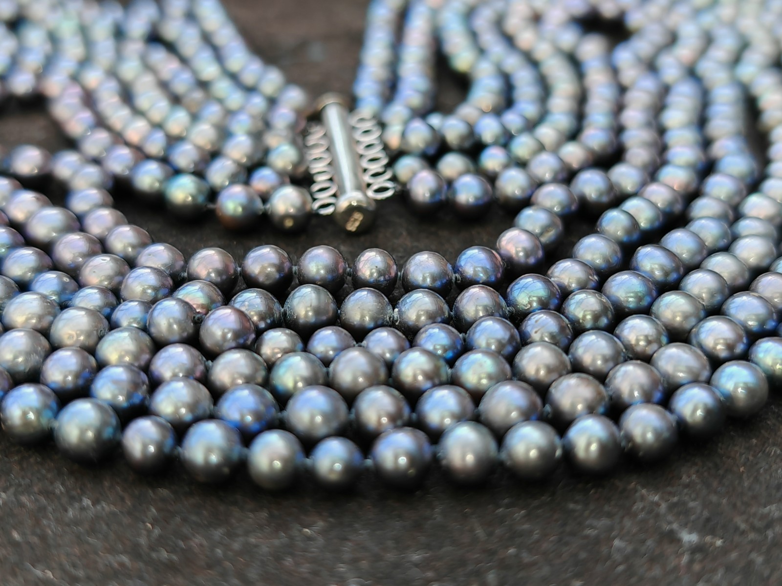 5 strand purple black peacock Tahitian style cultured pearl 925 necklace silk ba