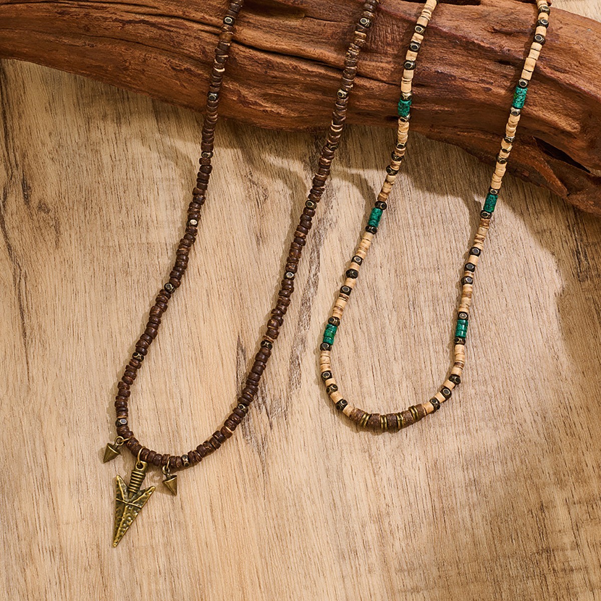 Men Layered Coconut Shell Bead Necklace Arrow Pendant Retro Surf Style Jewelry