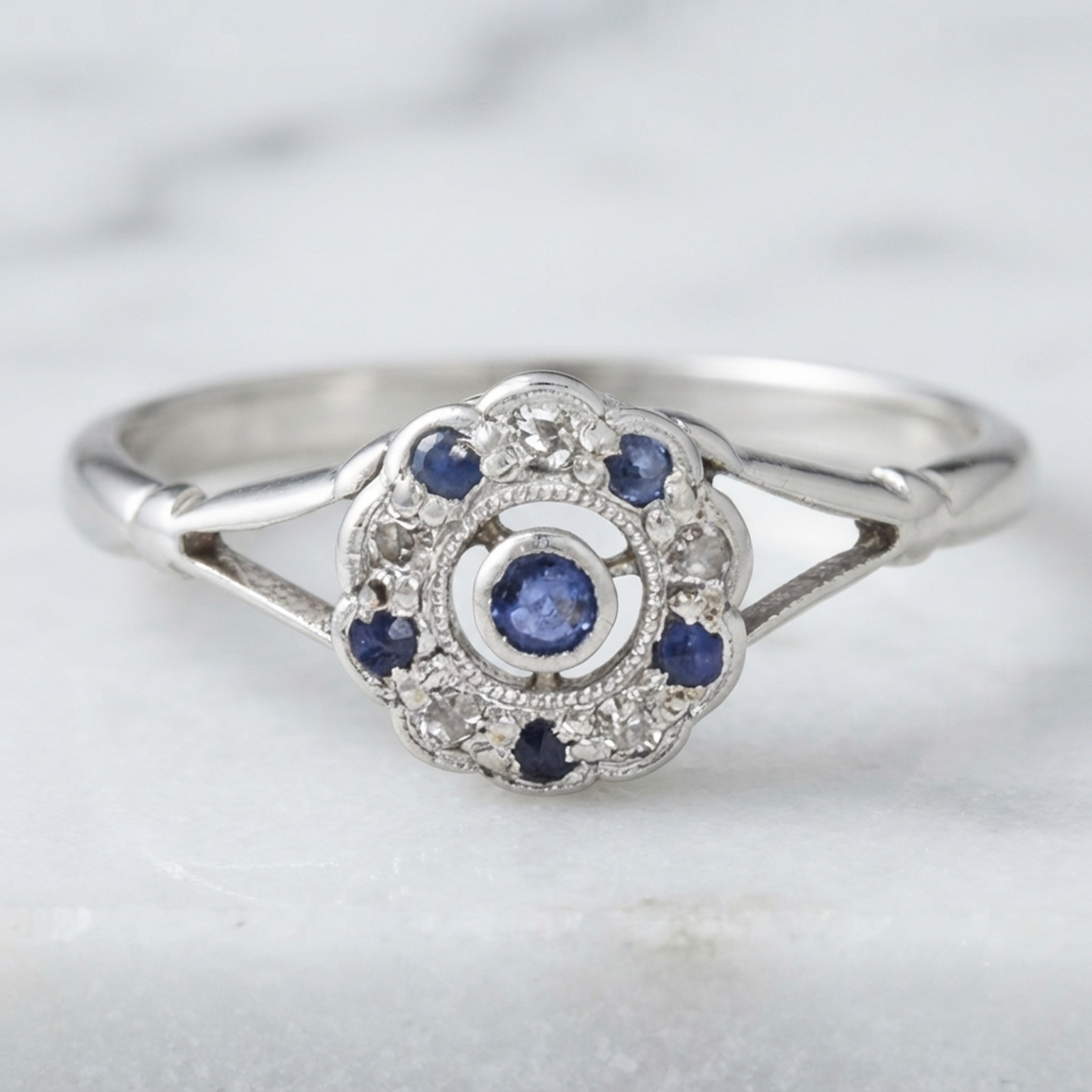 Blue Round Simulated Diamond 14K Gold Art Deco Split Shank Floral Inspire Ring