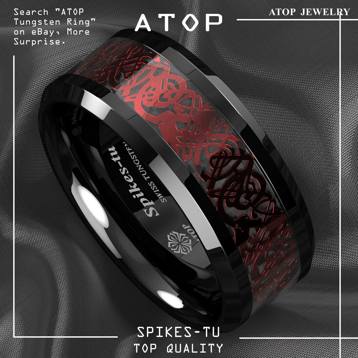ATOP 8/6mm Men Black Red Tungsten Ring Wedding Band Celtic Dragon Carbon fiber