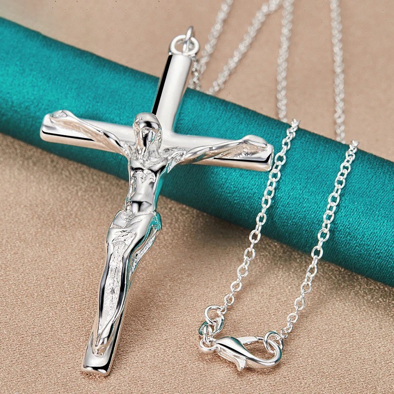 925 Sterling Silver Jesus Cross Pendant Necklace Men Women 16-30 Inch Chain