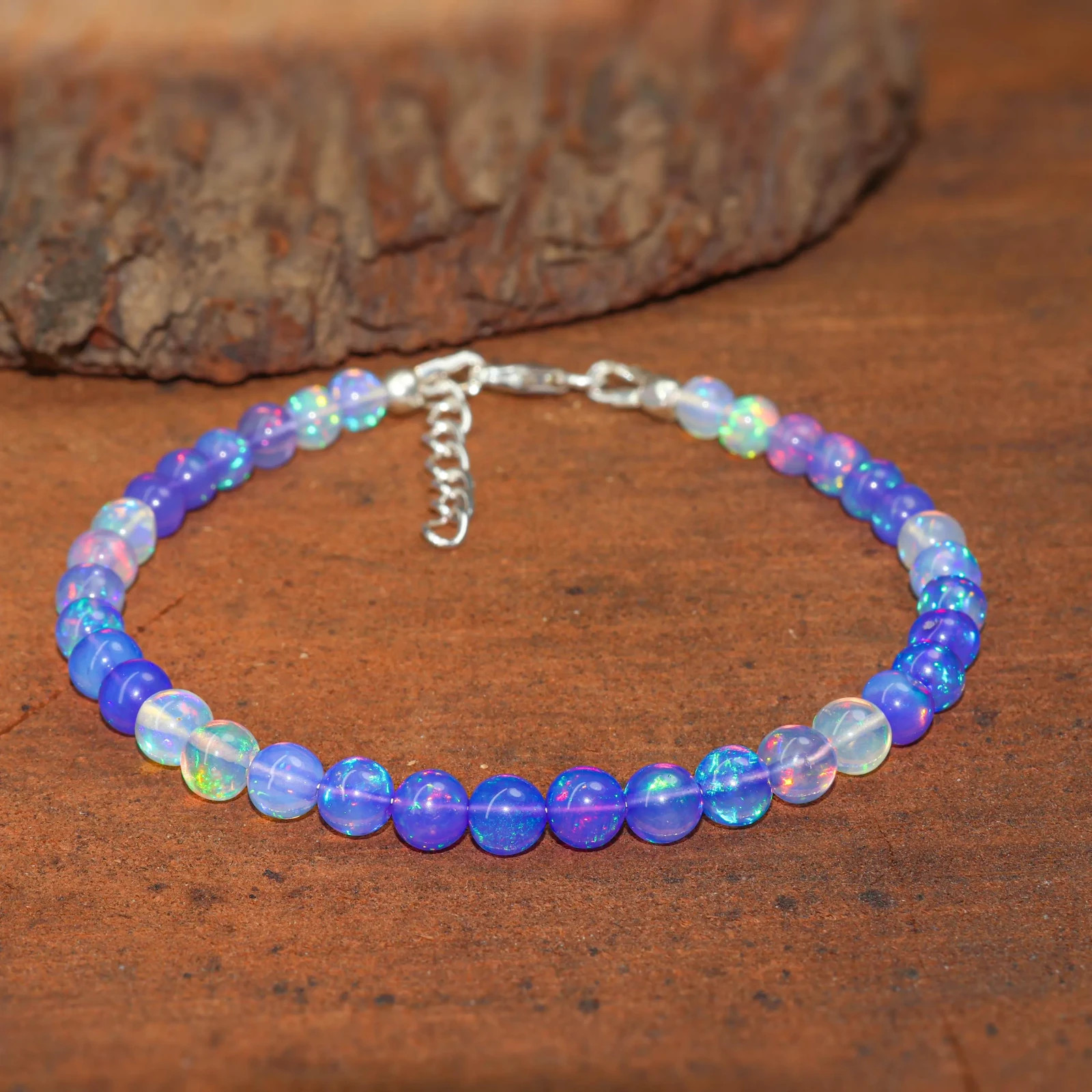 Lavender Opal Gemstone Round Beads Bracelet, Natural Fire Opal Beaded Bracelet