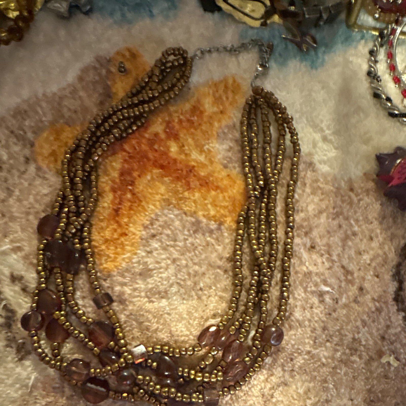 Multi-Strand Gold Tone Beaded Necklace, Purple Round Glass Beads, No Stone