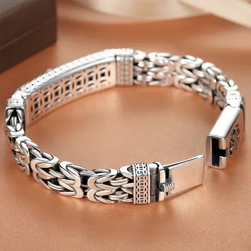 New Silver Color Plain S925 60.5g Silver Men Retro Cross Watch Chain Bracelet