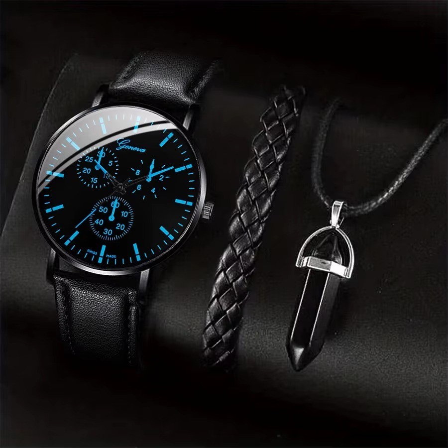Yolako Men’s Quartz Analog Watch Leather Band Bracelet Necklace Set