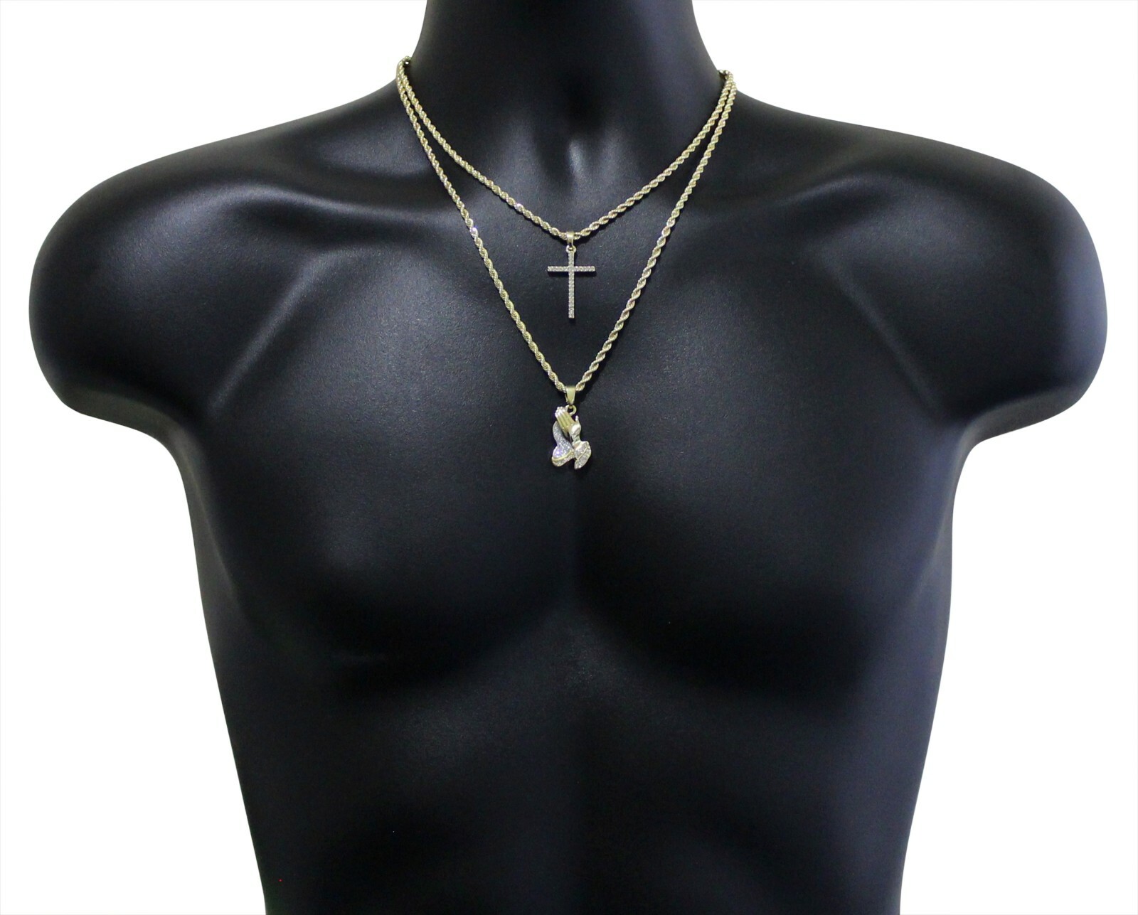 2pc Choker Set Thin Cross + Praying Hands Cz Pendants 14k Gold Plated Hip Hop