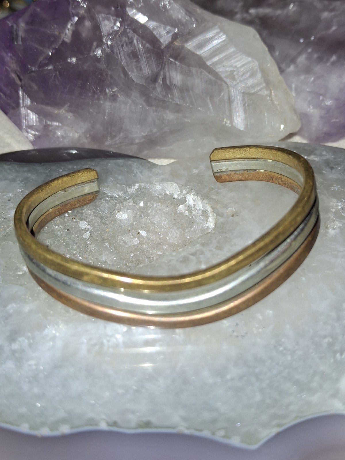 Vintage Brass Copper & Sterling Silver V Style Cuff Bracelet