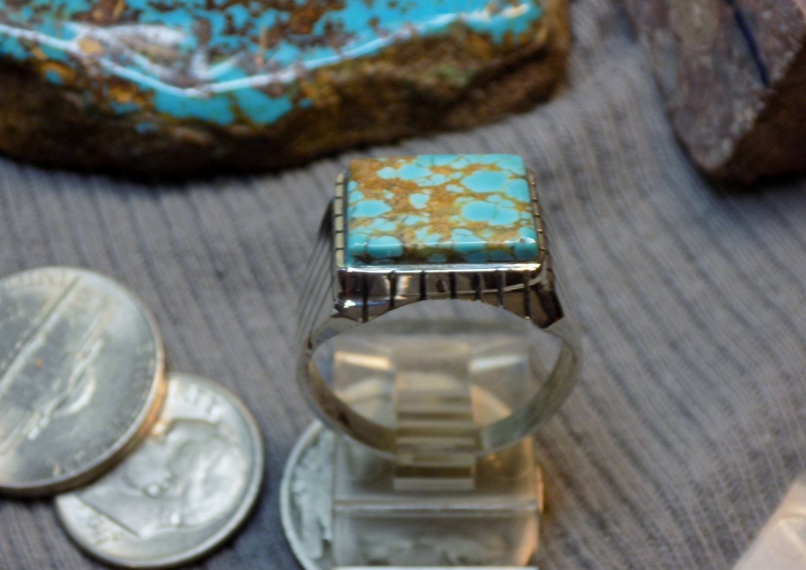 Mens Ring Sterling # 8 Turquoise stone Navajo Trevor Jack Size 9 3/4