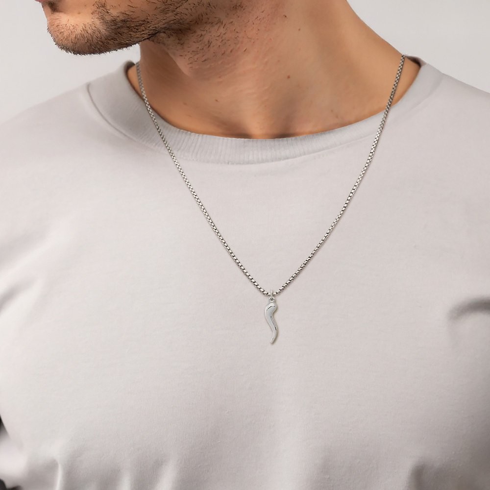 14K Solid White Gold Large Cornicello Italian Horn Pendant Necklace 26.91mm