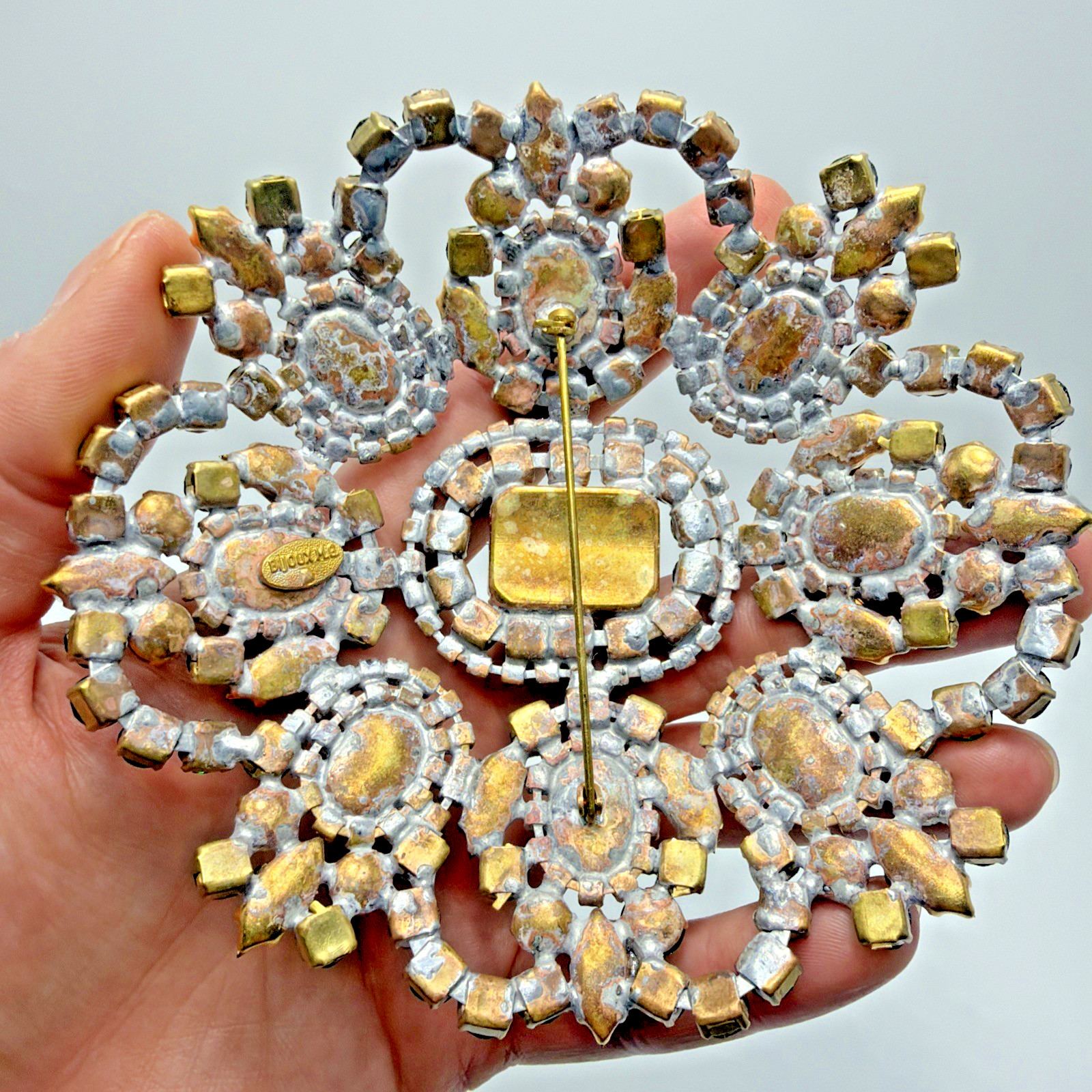 Vintage Bijoux Statement Crystal Rhinestone Brooch Green Orange Tones