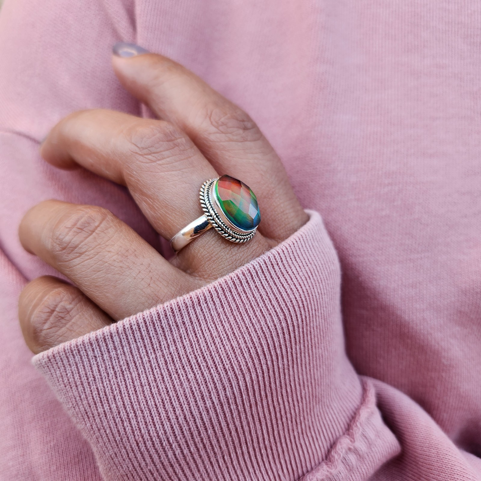 Aurora Opal Ring Aurora Borealis Ring 925 Sterling Silver Northern Light Ring