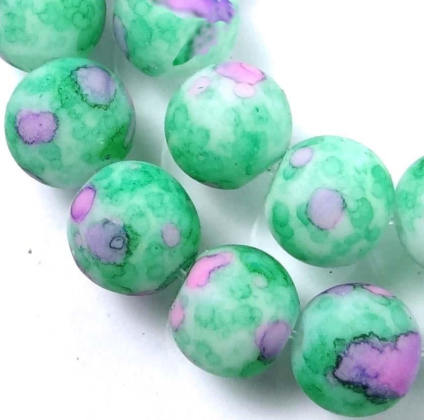 8mm Matte Frosted Neon Rubberized Glass Round Beads – Green Pink 16″