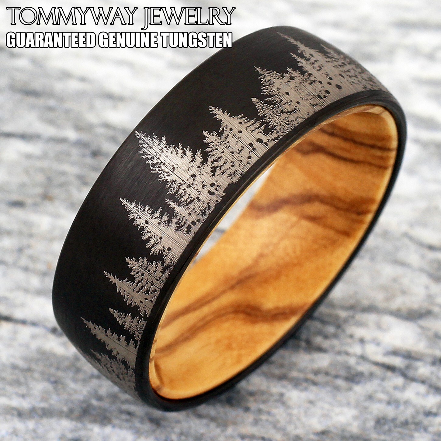 8mm Tungsten Carbide Men’s Black Forest Tree Scene Olive Wood Wedding Band Ring